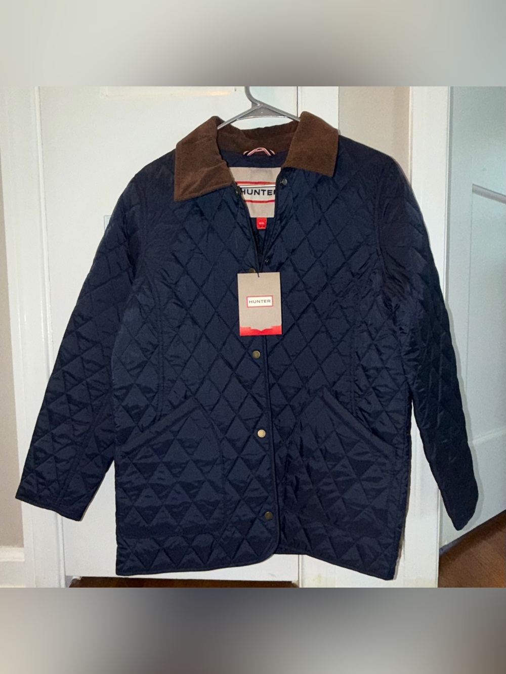 Hunter Rachel Navy Quilted Jacket with Brown Corduroy Collar Women New